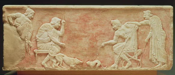 Tierhetze, Relief von einer Statuenbasis gefunden im Dipylon-Friedhof, Athen, ca. 510 v. Chr.